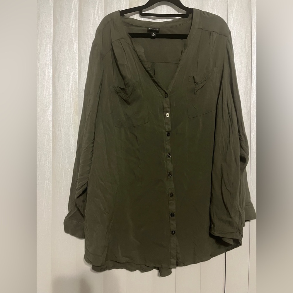 Olive Green Button-Up Blouse